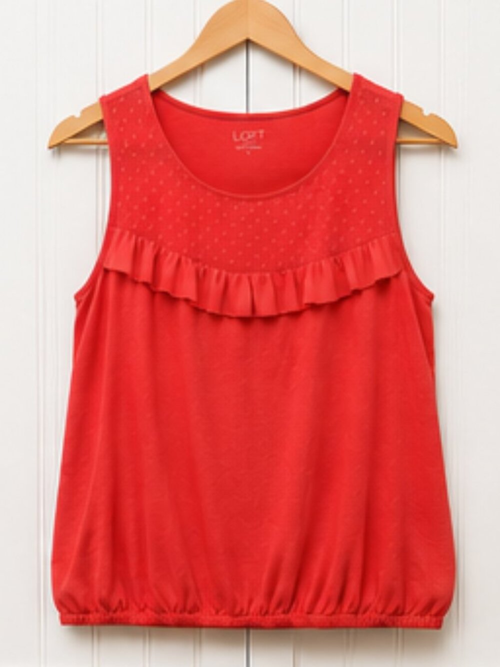 LOFT Outlet Coral Ruffle Tank Top Size Large Swiss Dot Mesh Yoke Sleeveless Blou